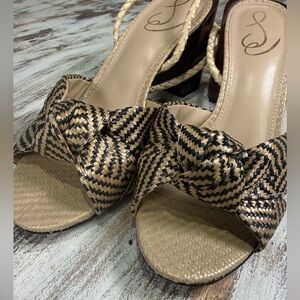 Sam Edelman Bodhi Block Heel Sandals Beige Raffia Knot Ankle Wrap 8M